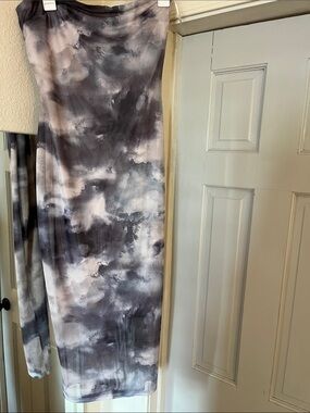 Gray cloud like knee length strapless lined slip dress & long matched cardigan